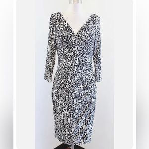 Chaps by Ralph Lauren Black & White Geo Print Ruched Faux Wrap Midi Dress Size S